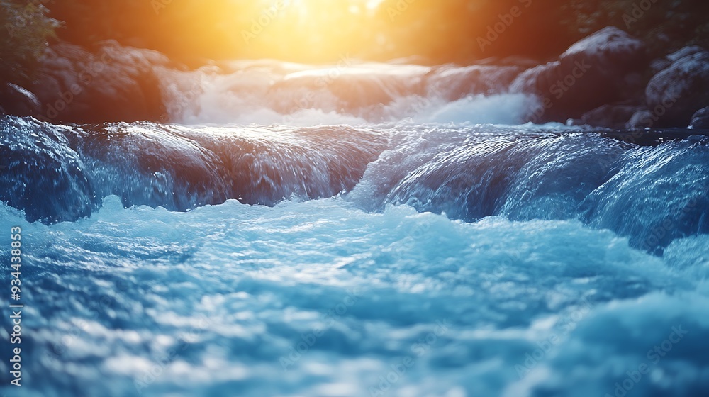 Poster closeup view of a rushing river with cascading water flowing over smooth rocks in a sunlit forest.