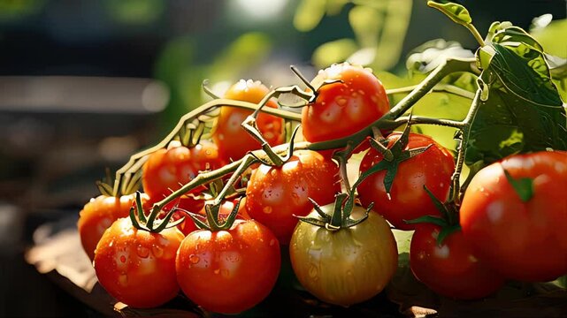 Ripe tomatoes on a vine in a lush greenhouse, glistening with morning dew