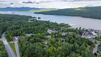 August 20 2024, Sunny afternoon summer aerial image of the area surrounding Lake George, NY, USA	