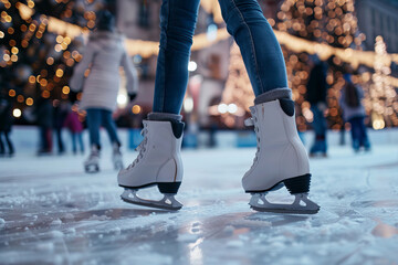 Fototapeta premium Ice Skating on a Festive Outdoor Rink with Christmas Lights and Decorations