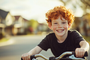 Smiling redheaded boy riding a bicycle on a sunny day in a suburban neighborhood, with a joyful expression and blurred houses in the background