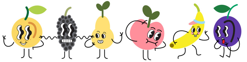 color isolated groovy vector fruits characters set. element for logo sticker poster print mascot design