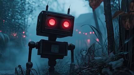 A Retro Robot in a Foggy Forest at Night