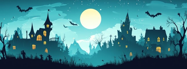Haunted halloween landscape background with a spooky castle, bats and a big moon in the sky at night. Happy Halloween! Party invitation card design. Empty poster template.	
