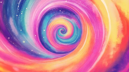 Obraz premium Watercolor illustration featuring a vibrant hippie background with fluorescent psychedelic swirls in a neon style reminiscent of bright 1970s vintage aesthetics and a space spiral design
