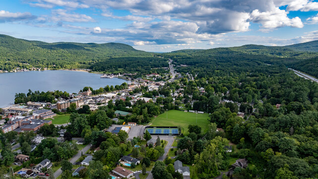 August 20 2024, Sunny afternoon summer aerial image of the area surrounding Lake George, NY, USA	