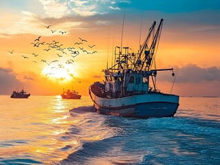 Obraz premium Sunset Fishing Boat at Sea with Cranes and Gulls Overhead