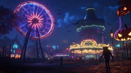 Illuminated Ferris Wheel and Jack-O-Lantern Decorations at a Dark Carnival