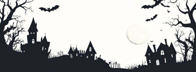 Halloween walllpaper. Haunted Halloween landscape depicting a scary house or castle with a big moon on an orange sky background. Old trees and bats in the sky. Halloween party invitation concept.
