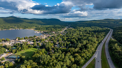 August 20 2024, Sunny afternoon summer aerial image of the area surrounding Lake George, NY, USA	