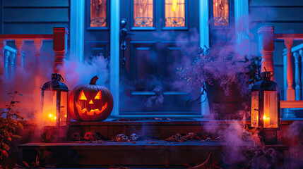 Halloween party flyer with door and pumpkin in smoky spooky scary night, front of door, decorated with holiday garlands and pumpkins, Vector invitation poster for celebration trick or treat night