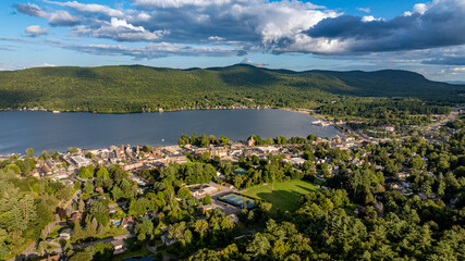 August 20 2024, Sunny afternoon summer aerial image of the area surrounding Lake George, NY, USA	