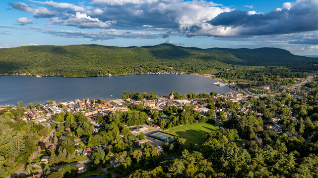 August 20 2024, Sunny afternoon summer aerial image of the area surrounding Lake George, NY, USA	