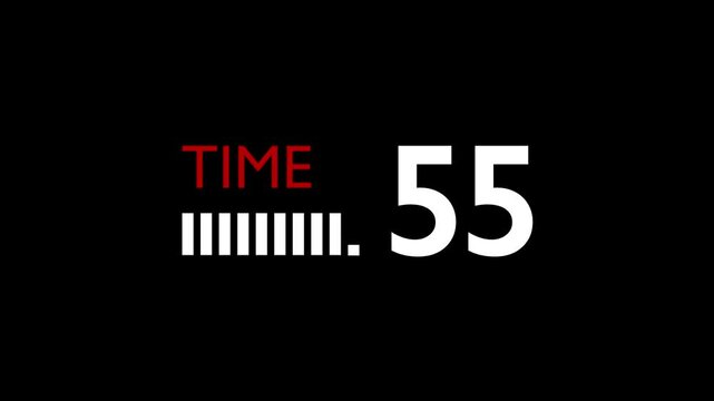 Sleek 60-Second (1 Minute) Red and White Countdown with Bold Minimalist Design and Dynamic Bars on a Black bg. Shrinking bars gradually decrease in length as time counts down. 4K Motion Graphics.