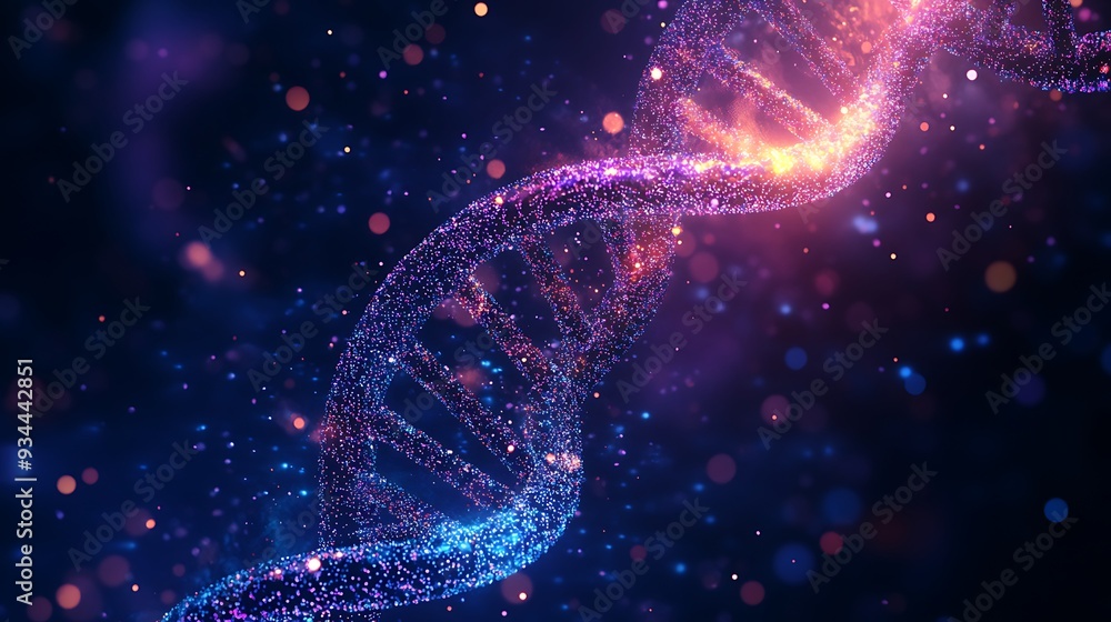 Poster abstract dna double helix structure with glowing particles