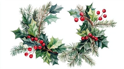 Watercolor illustration of a Christmas holiday wreath featuring fir tree branches and holly