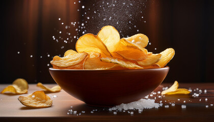 Salted and crispy Potato Chips in Wooden Bowl with Salt Sprinkling - Crispy Snack, Close-Up View - Ideal for Food Photography, Snack Advertisements