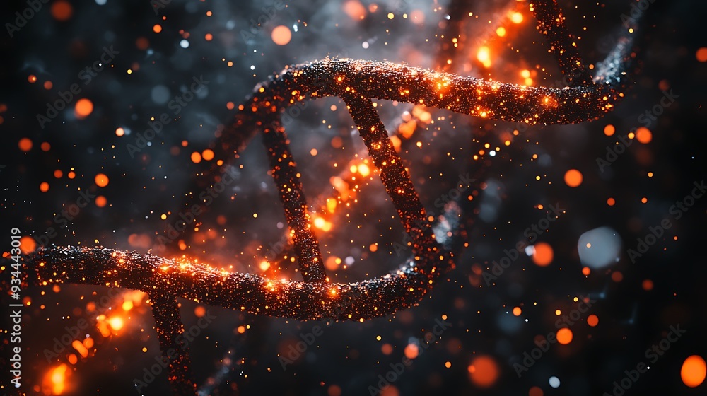 Poster glowing dna double helix with sparks and bokeh