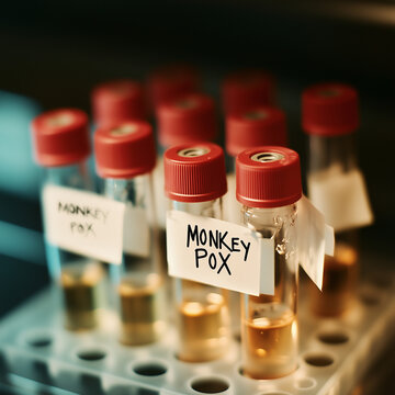 Vials labeled &ldquo;Monkey Pox&rdquo; represent the fear of a new pandemic, fueling conspiracy theories about lab-created viruses and bioterrorism threats.