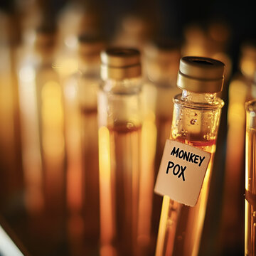 Vials labeled &ldquo;Monkey Pox&rdquo; represent the fear of a new pandemic, fueling conspiracy theories about lab-created viruses and bioterrorism threats.