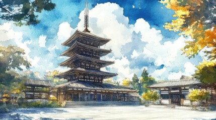 Watercolor illustration of a five storied pagoda notable for its height of 31 2 meters and its ten year construction period commissioned by a local clan leader