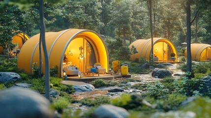 Modern Glamping Tents in Lush Forest with Stream