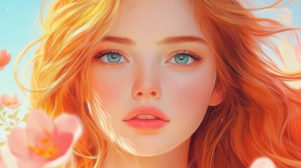 Obraz premium A captivating portrait of a woman with flowing red hair surrounded by blooming flowers, radiating beauty and serenity.
