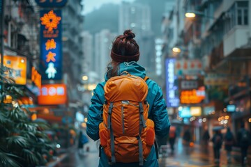 Exploring Vibrant City Streets in the Rainy Evening With Backpack in Hand