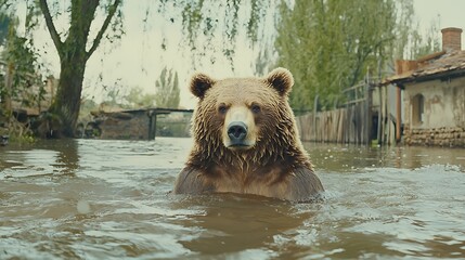 Obraz premium Brown Bear Swimming in Flooded River with Old Building in Background