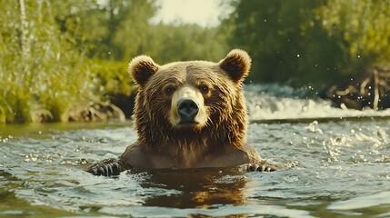 Obraz premium Brown Bear Swimming in River Water Close Up