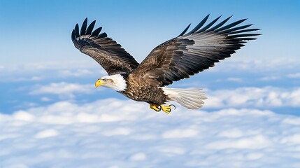 Obraz premium Bald Eagle Soaring Through Clouds with Wings Spread