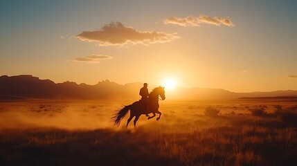 Silhouette of a Cowboy Riding a Horse at Sunset in a Field