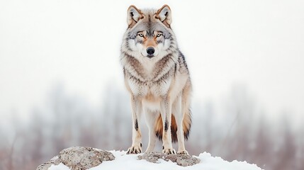 Obraz premium Majestic Gray Wolf Standing on a Snowy Rock