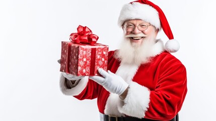 Santa claus with gift box in red suit on white background   festive holiday greetings