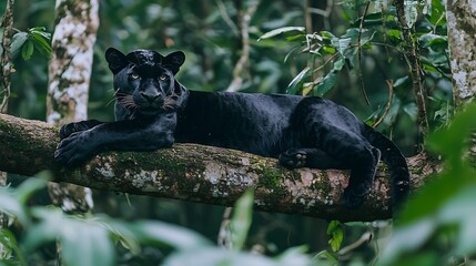 Fototapeta premium Black Panther Resting on a Branch in Lush Green Rainforest