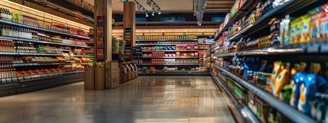 Wide-angle view of a well-stocked supermarket aisle