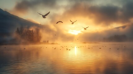 Fototapeta premium Birds Flying Over Misty Lake at Sunrise