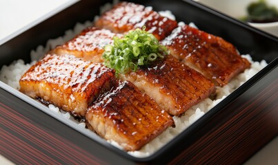A close-up of grilled eel, tender and glazed, served atop fluffy rice in a glossy lacquered box. The rich, caramelized eel contrasts beautifully with the pristine rice, offering a mouthwatering view.