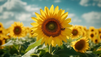 Blooming Sunflower in Field with Bee  Summer Sky