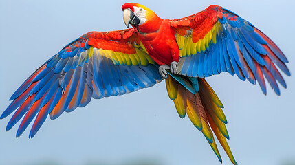 Obraz premium Amazon Scarlet Macaw in flight, its wings creating a blur of colors against a clear sky