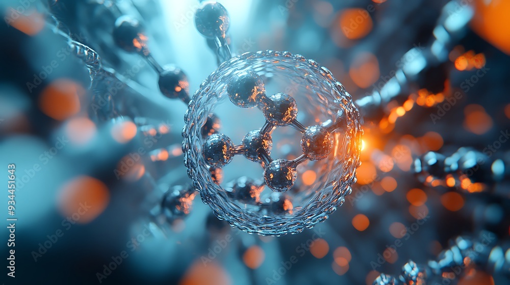 Poster abstract molecular structure with blue and orange bokeh background