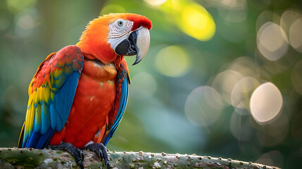 Amazon Scarlet Macaw perched on a high branch, its vibrant colors standing out against the green,