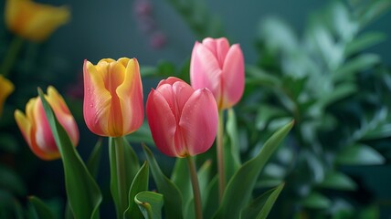 Yellow and pink tulips displayed alongside picture