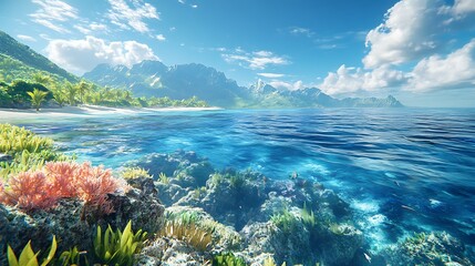 Tropical Island Beach with Clear Blue Water and Coral Reef