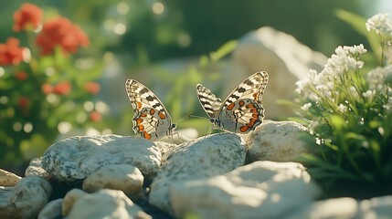 Two Butterflies on Rocks in a Garden with White Flowers