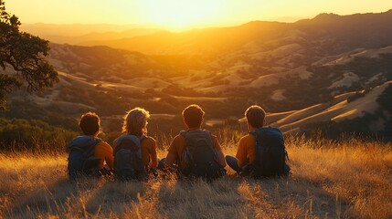 Group of Friends Enjoying Sunset View From Mountaintop