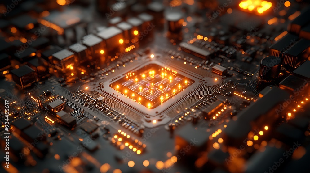 Poster illuminated circuit board with cpu and glowing lights