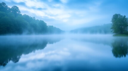 Fototapeta premium Serene Misty Lake with Reflections and Trees