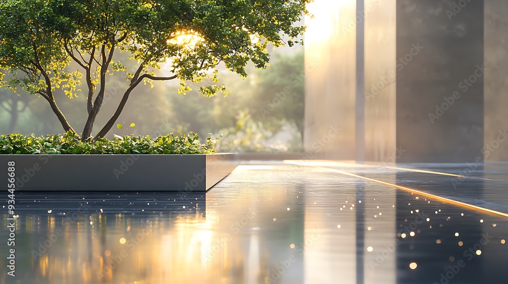 Poster modern minimalist architectural design with reflective pool and sunlit tree