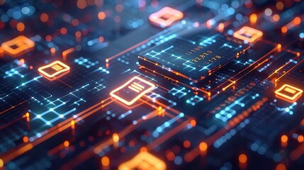 A close-up of a circuit board with glowing lines and numbers, showing a document icon, representing the flow of data in a digital network.